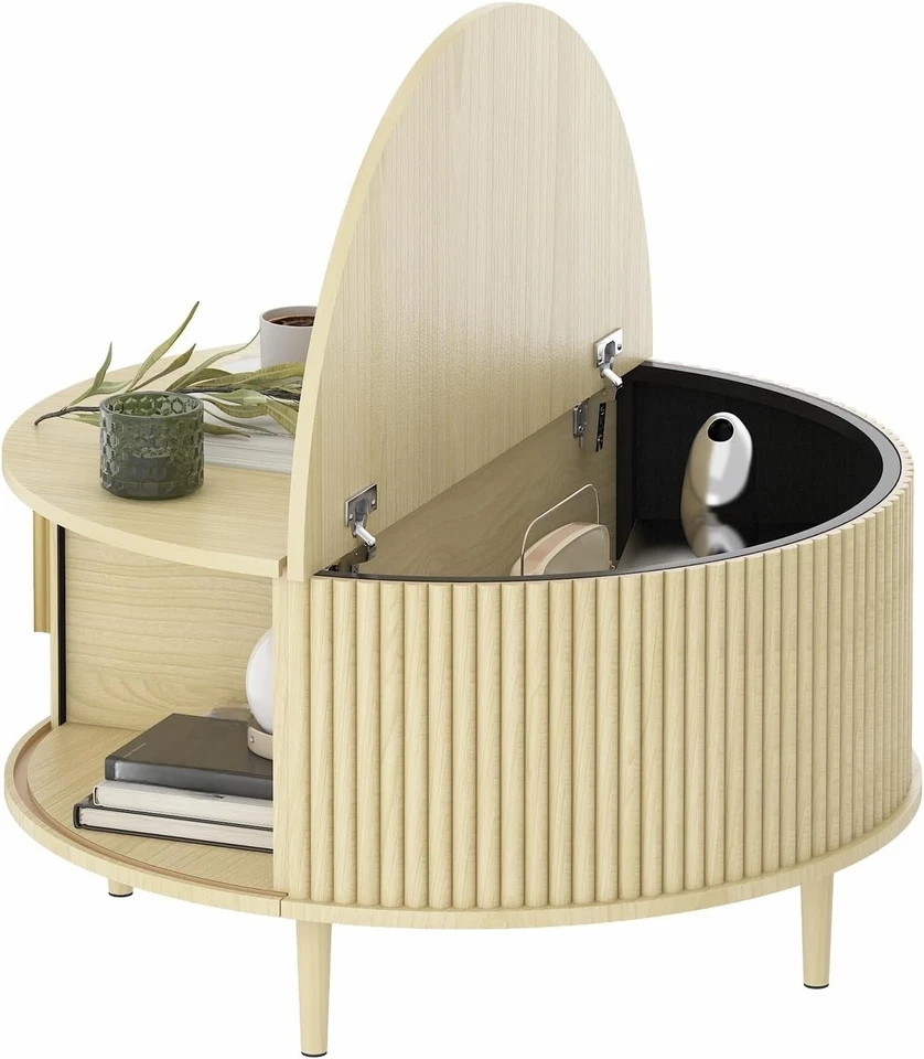 80cm Mid-Century Modern Storage Coffee Table Round Coffee Table with Sliding Doo - image 2 of 4