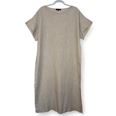 Lafayette 148 NY Textured Shift Dress XL Beige Linen Midi Minimalist Lagenlook