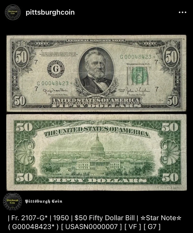 1950 $50 Fifty Dollar Bill Star Note Chicago IL Vintage Banknote FR 2107-G* G7 - Image 2 of 2