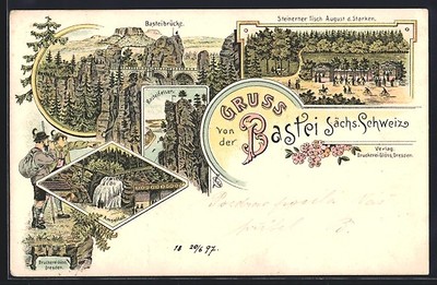 Lithographie Bastei, Basteibrücke, Steinerner Tisch August d. Starken, Amselfal 