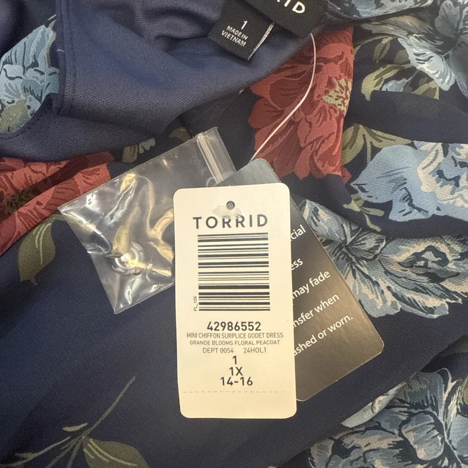 Vestido tórrido azul floral mini chiffon manga longa surplice Godet tórrido tamanho 1 - Imagem 4 de 4