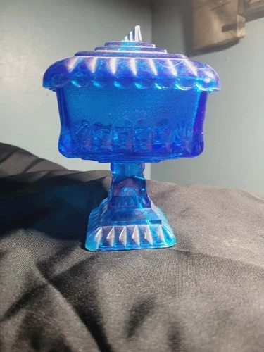 VTG Jeanette Blue Glass Wedding Cake Box Compote Lidded Candy Dish