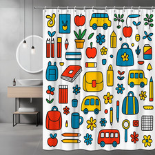Colorful Kids Shower Curtain with Fun School Supplies Design