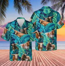 Longhorn Cattle Ranch Aloha Leaves Summer Hawaiian Shirt