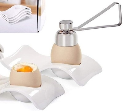 Two Ceramic EggCup Holders With Egg Cutter To Open Egg Shell At Top,RawOrBoiled 