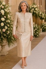 Papell Petites 2 Piece Skirt Suit Champagne Silk Beaded Formal Wedding 8P