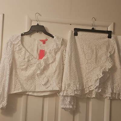 Lilly Pulitzer Roca Set Eyelet Top & Skirt Size 16 White Cotton 2 Piece V Neck