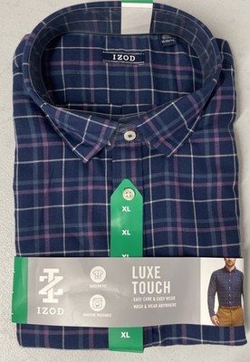 NWT IZOD Men's Luxe Touch Long Sleeve Plaid Button Up Shirt BLUE/PURPLE Logo XL