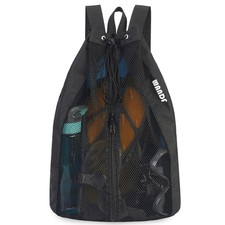 Black Mesh Drawstring Swim Bag for Swimmers with Wet Pocket Adjustable Beach
