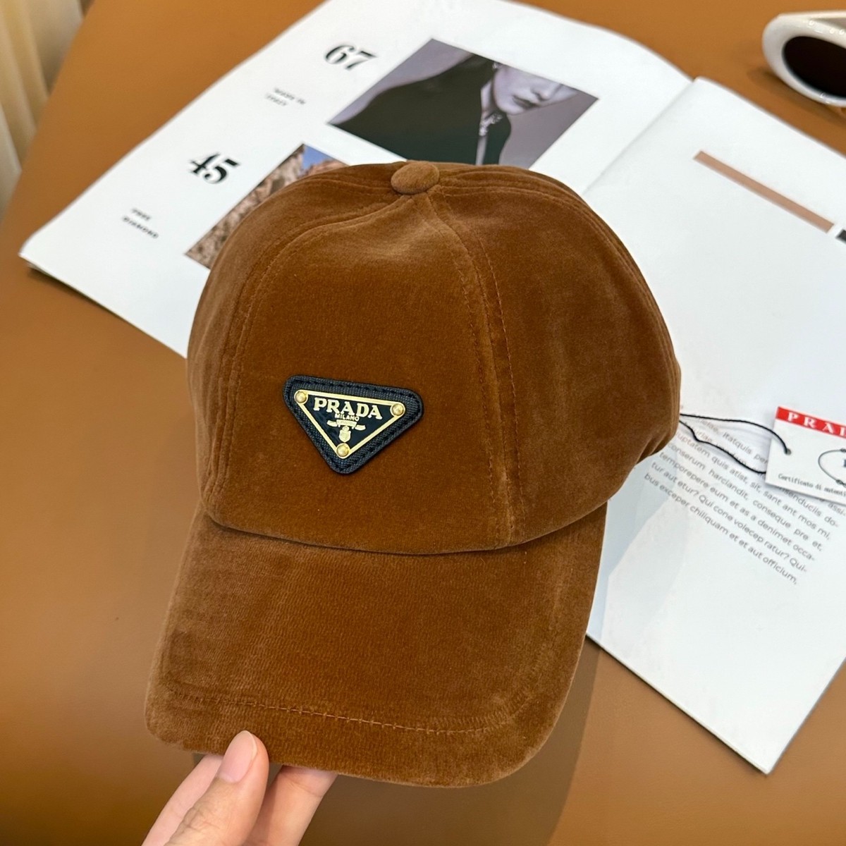 New Prada Baseball Cap Brown Velvet Gold Enamel Triangle Logo