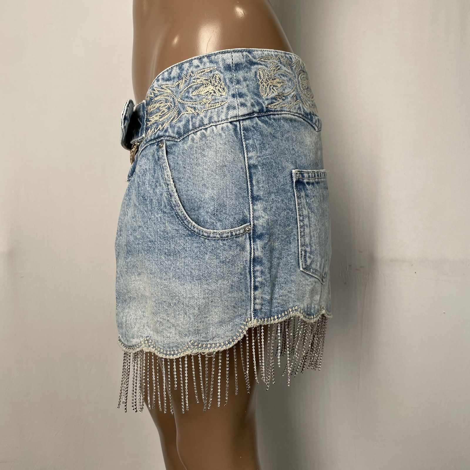 Understated Leather Women Denim Chaps Skirt Light Blue Size M Embellished Fringe