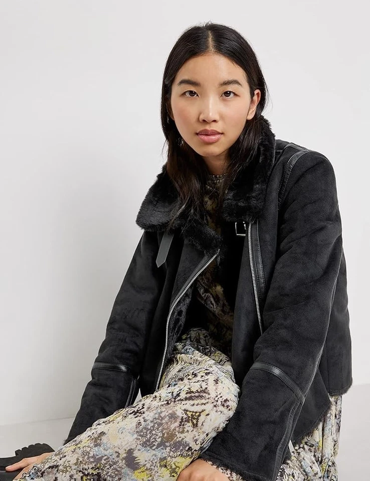 Taifun Women's Suede Style Biker Jacket Faux Fur Lined Full Zip Black Size UK 12 - Image 4 of 4