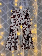 Boutique Toddler Girls Cowprint Ruffle Pants Size 130 White, Brown, Black Flared