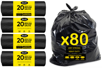 Large Black Bin Bag Rolls Refuse Sacks X80 Rubbish Liners Heavy Duty Strong  70L UK