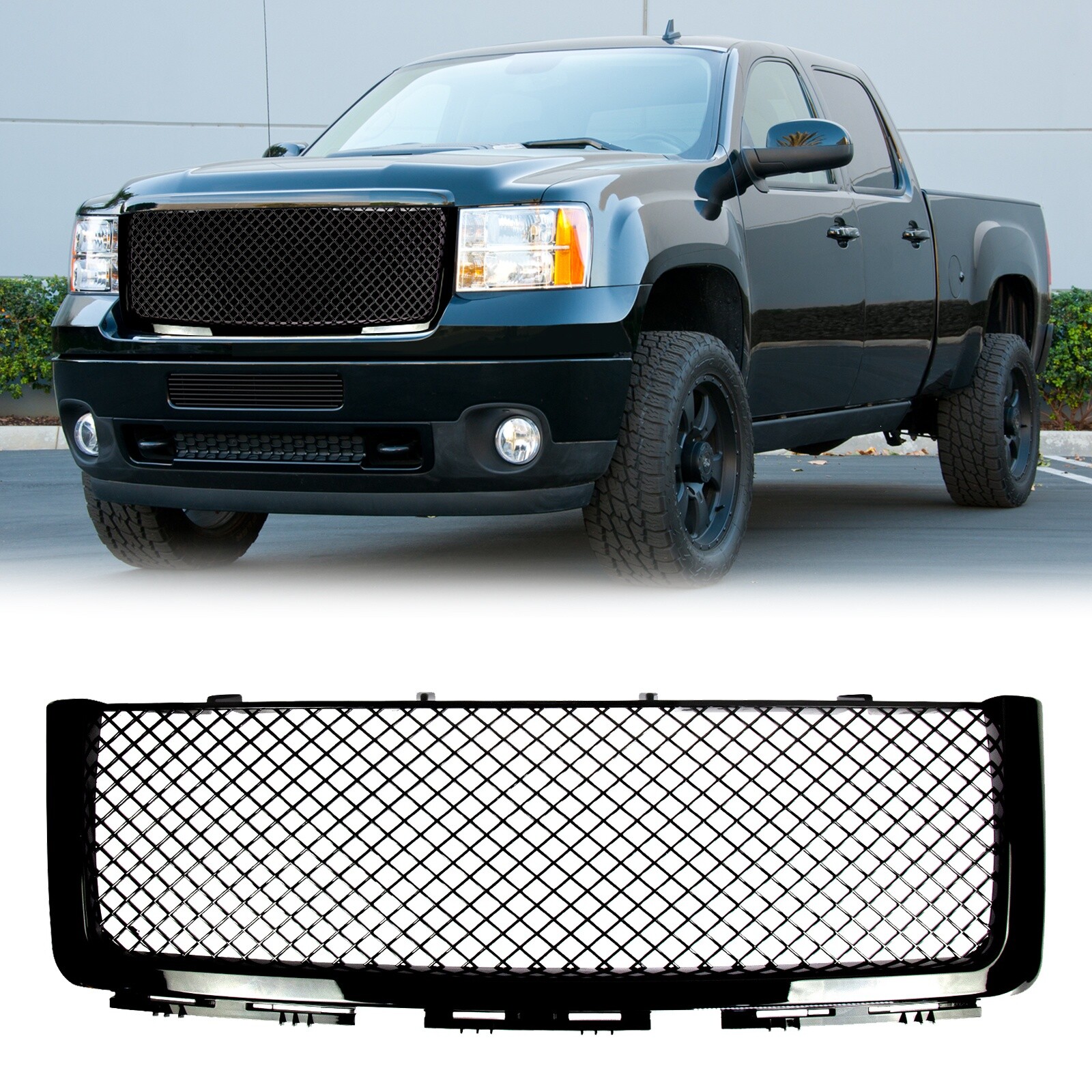 For 2007-2013 GMC Sierra 1500 Gloss Black Mesh  Front Upper Bumper Grille Grill
