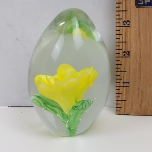 Vintage Art Glass Paperweight Yellow Flower Encased Clear Oval Floral Decor 