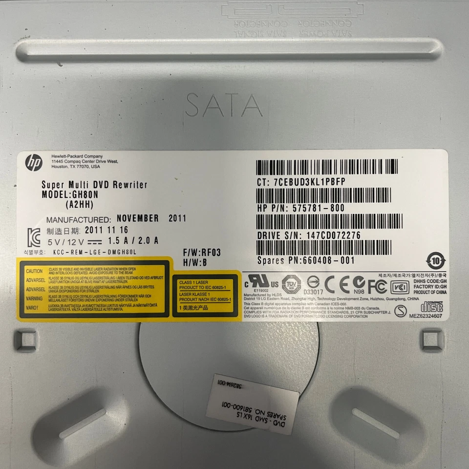 HP GH80N CD DVD±RW SATA DL Optical Disk Drive 575781-800 660408-001 F/W: RF03 - Image 3 of 4