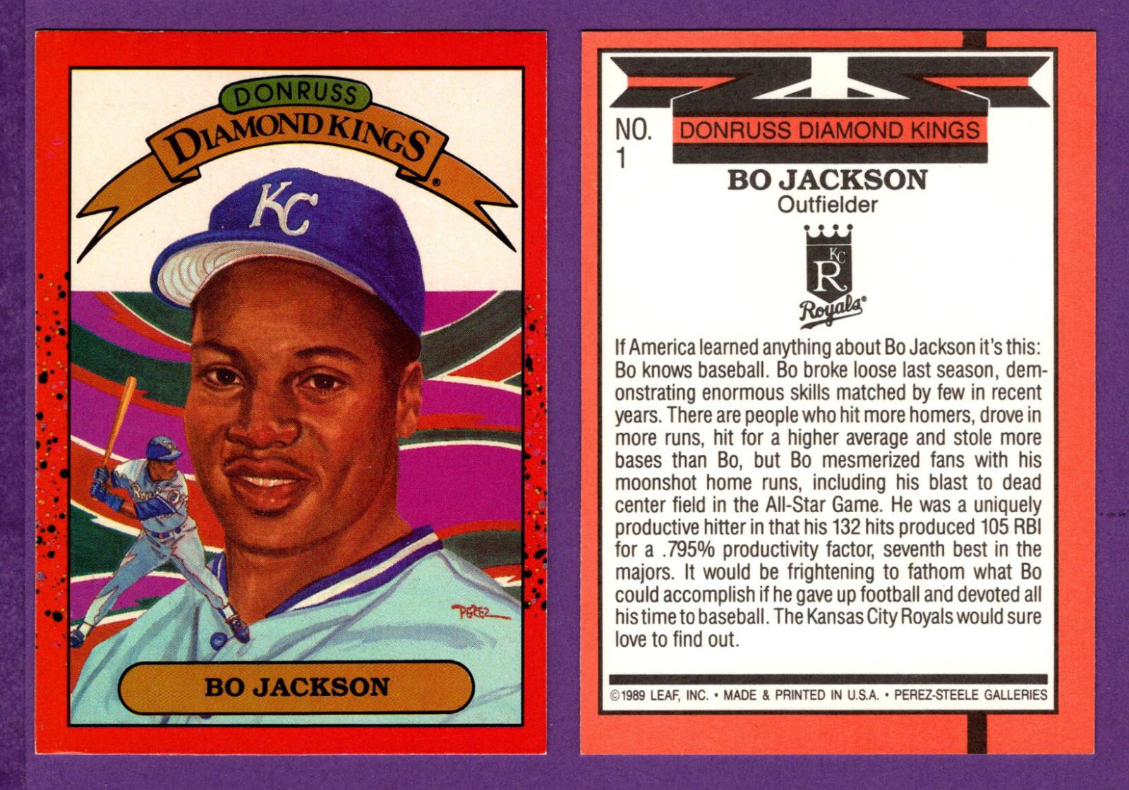 Bo Jackson Kansas City Royals 1990 Donruss Baseball Diamond Kings Art Card #1