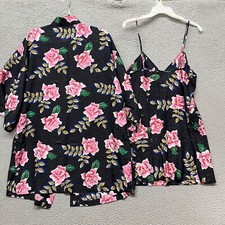 Vintage Robe Set Womens L Black Floral Satin Lingerie Fairy Val Mode Chemise