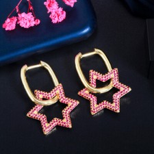 Lucky Yellow Gold Plated Cubic Zirconia CZ Rose Red Star Hoop Earrings for Lover