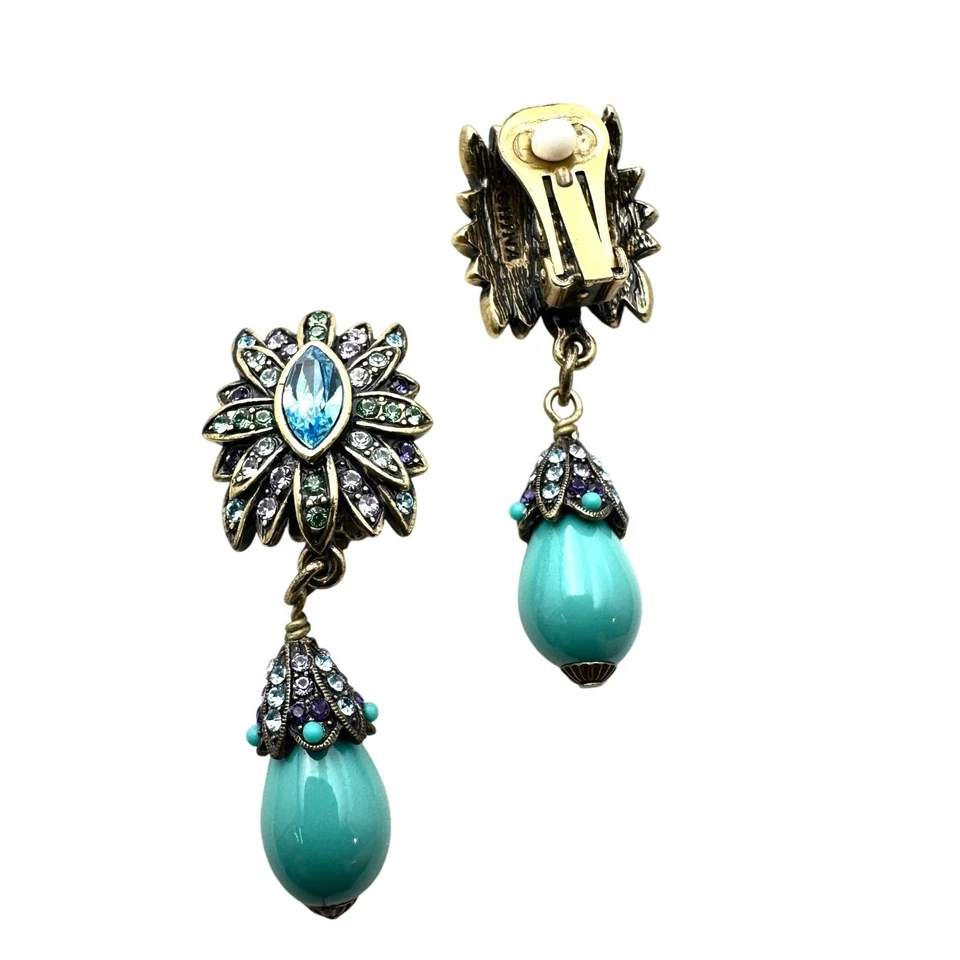 Heidi Daus Multicolor Crystal Turquoise Bronze Clip Earrings Chandelier 2 Inch - Image 2 of 3