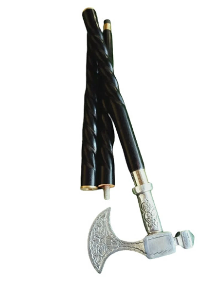 Hacha bávara de peltre macizo hecha a mano de palo de rosa antiguo pulido bastón hacha de bastón Foto 4 de 4