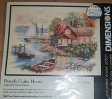 Dimensions 35230 Peaceful Lake House Boats Cabin Counted Cross Stitch Kit 14x11