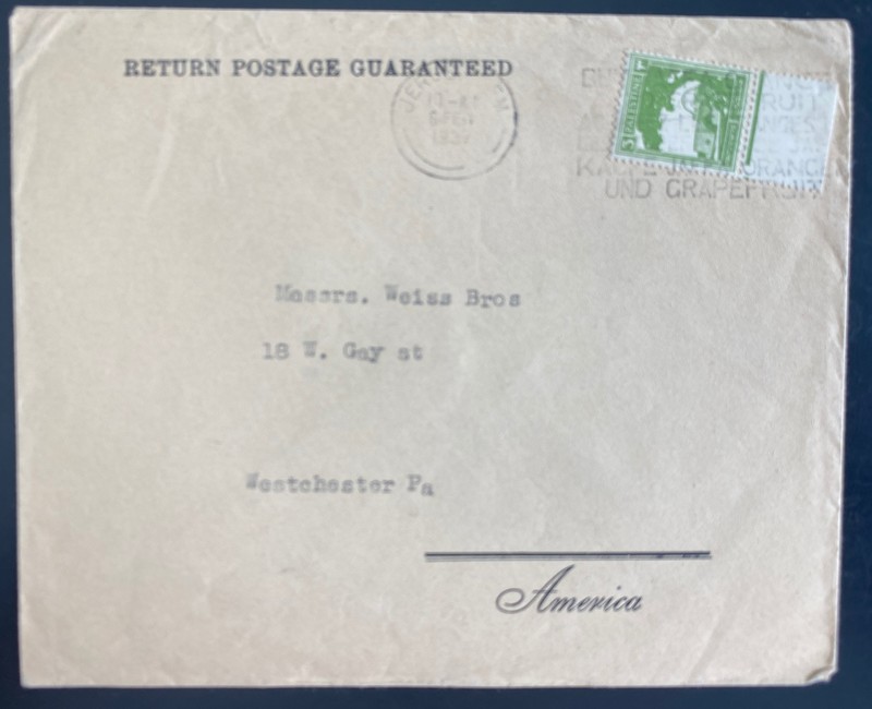 1937 Jerusalem Palestine United Charity Inst Cover To Westchester PA USA