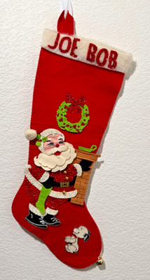 Vtg Handmade Felt Sequin Bead Christmas Stocking Santa Claus Dog Edna Looney