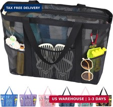 Fammart Mesh Beach Bag with Zipper for Women, Large Beach Tote Sandproof Toys Po