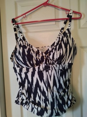 Anne Cole Navy White Ikat Tankini Swim Top XL UPF 50 Adjustable Straps