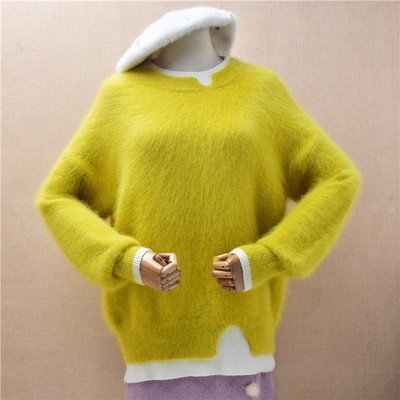 Women Fashion Colored Hairy Angora Rabbit Hair O-Neck Loose Pullover Sweater Pul