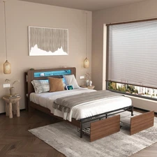 Full/Queen Size Wood Platform Bed Frame with LED Storage Headboard and 2 Drawers