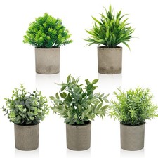 AUUGUU Artificial Potted Plants Set of 5, Realistic Faux Greenery in Cement Pots