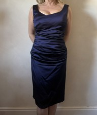 Talbot Runhof V-Neck Cocktail Dress Ruched Royal Blue Satin EU42 / UK14