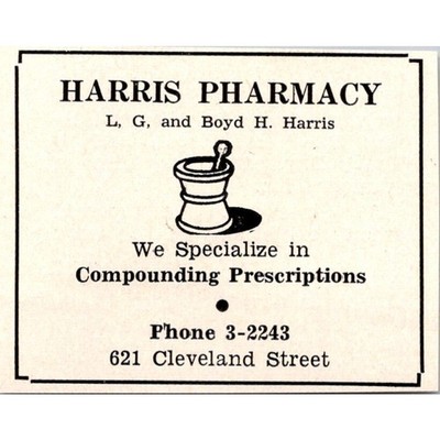 Harris Pharmacy LG Boyd H. Harris Compounding Prescriptions 1950 FL Ad SAK1-M32