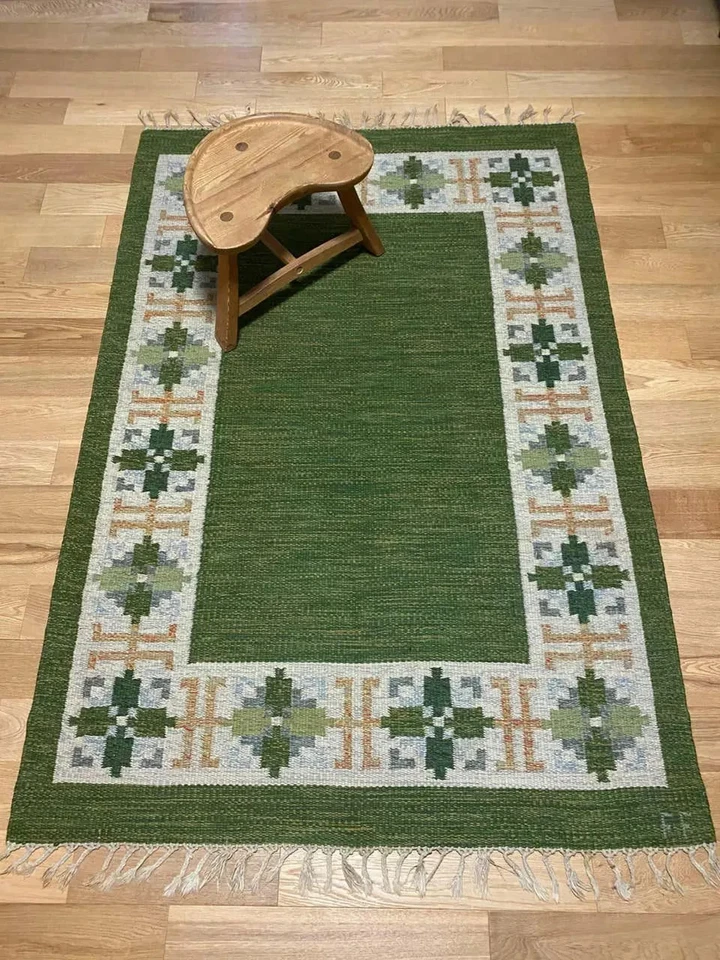 Alfombra Kilim sueca escandinava de tejido plano verde para sala de estar alfombra dormitorio Foto 4 de 4