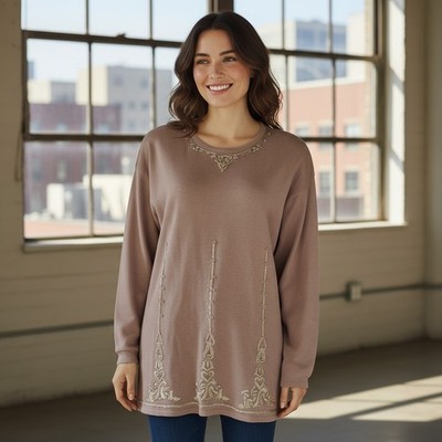 SEGUE Sweater Women's 1x Plus Brown Embroidered Knit Padded Shoulders Vintage