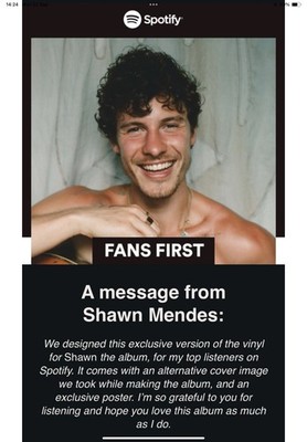Shawn Mendes LP. Shawn Spotify Fans First Swirl Vinyl. Exclusive Cover + Poster