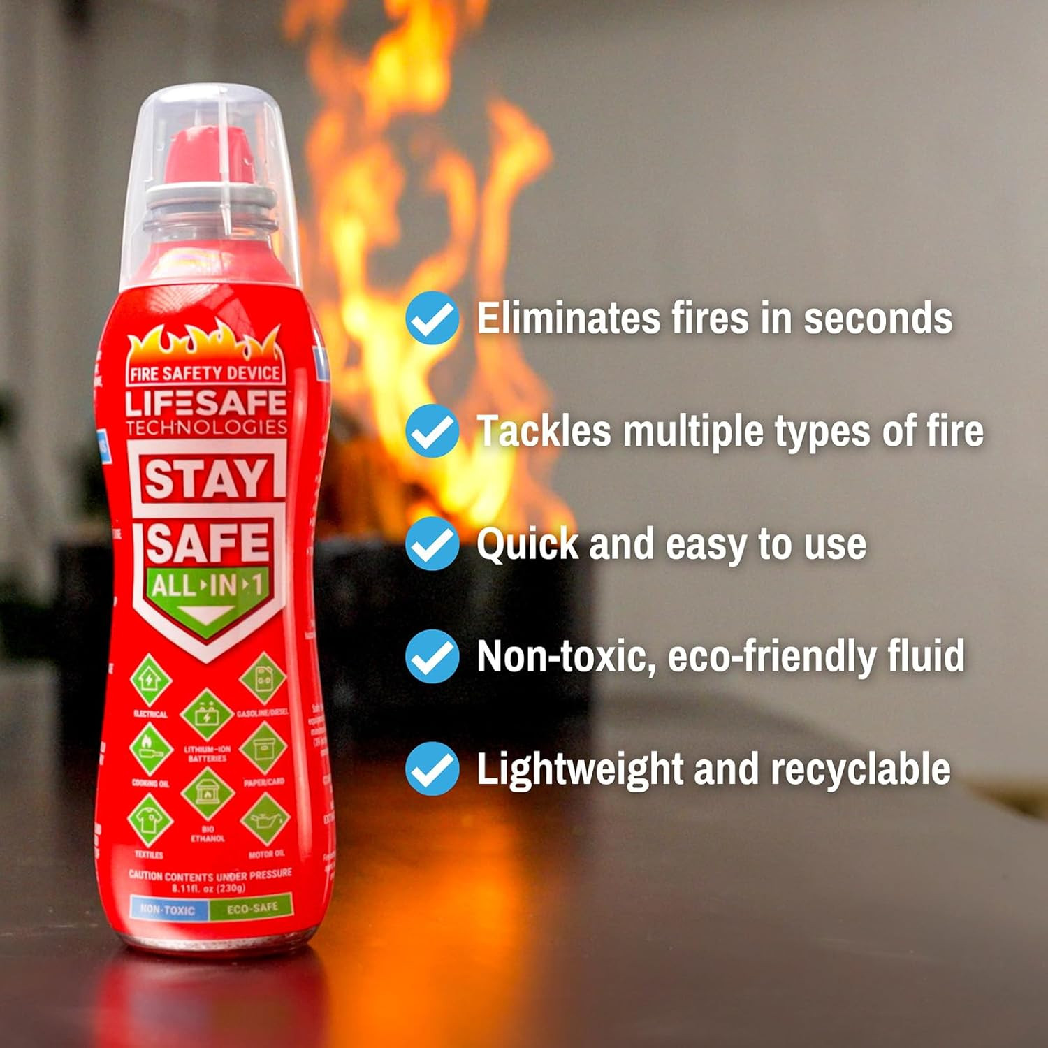 Lifesafe Technologies Staysafe All-In-1 Portable Fire Extinguisher, Compact Fire