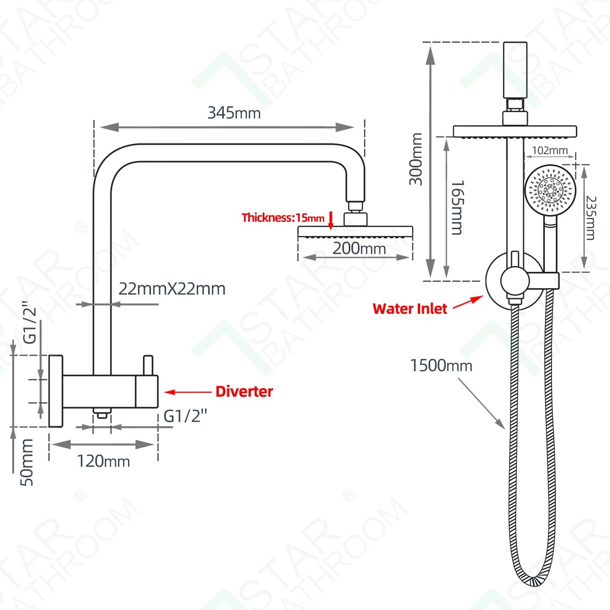 ACA WELS 8'' Black Rain Shower Head Rail set  High pressure Mixer Taps