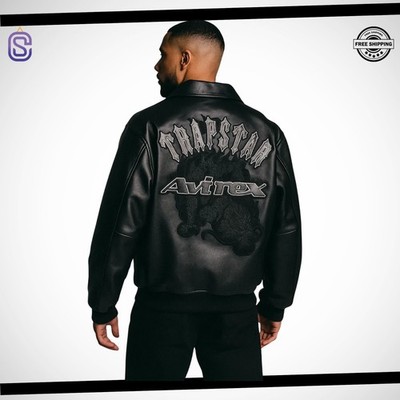 NEW Avirex x Trapstar Black Leather Bomber Jacket-Genuine Cowhide