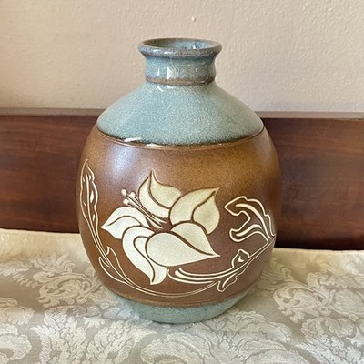 Beautiful Brown and Blue Glazed Pottery 6'' x 5.25''  Floral Jug/Vase
