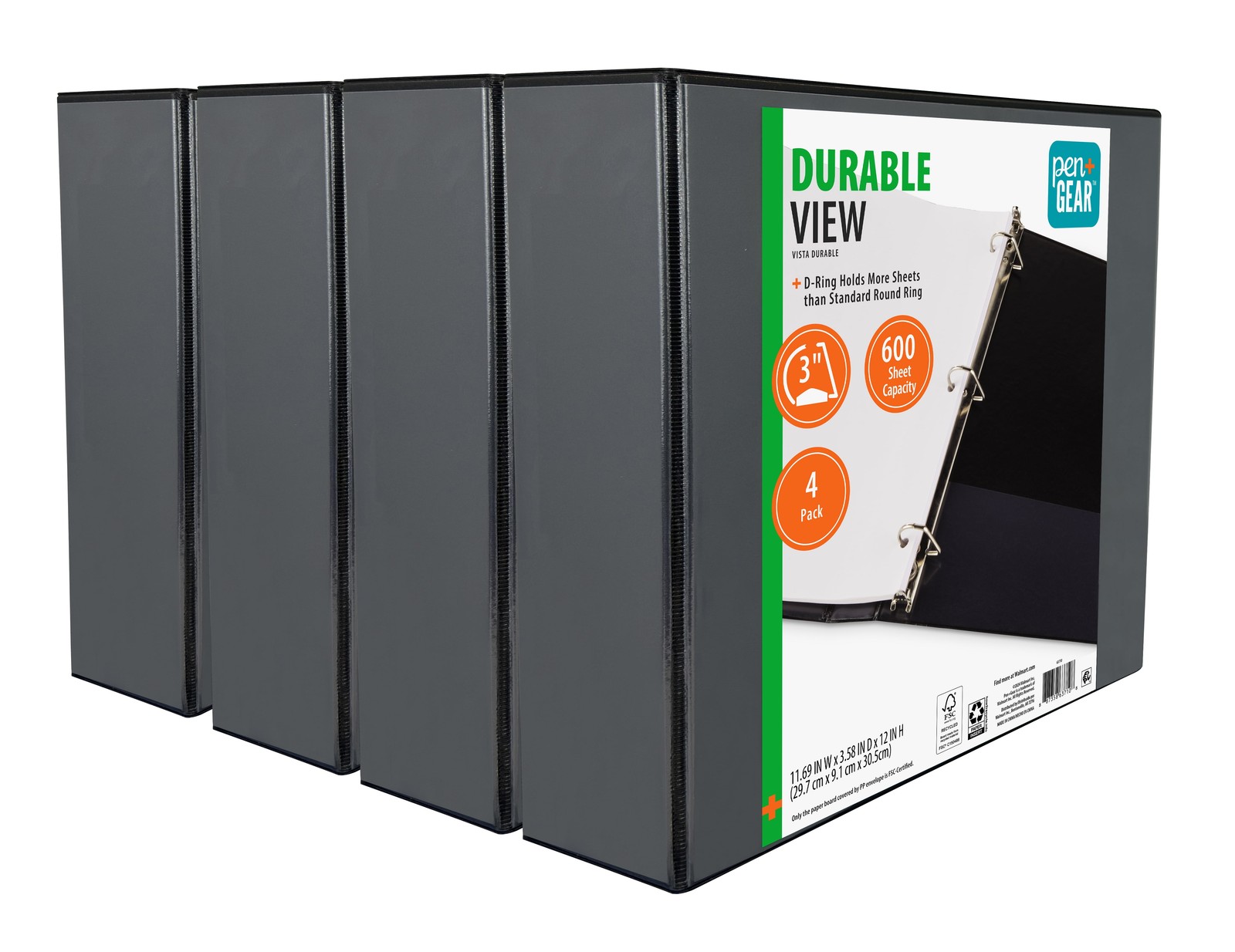 3-inch Durable View Binder, Black, 4 Pack