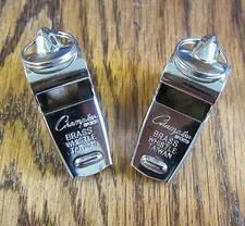 2 NEW CHAMPION BRASS METAL REFEREE WHISTLES SILVER COLOR HEAVY DUTY WHISTLE