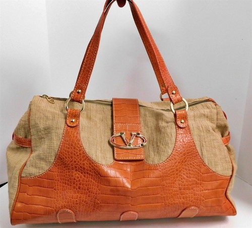 Valentino Garavani Raffia Leather Jeweled Tiger Eye V Buckle Duffle Bag