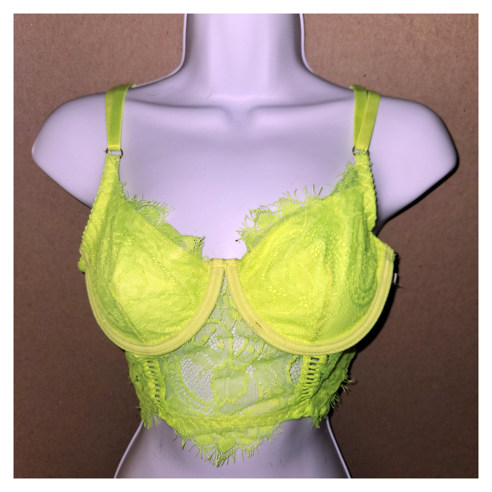 Lace Corset Type Bra, Fluorescent Yellow 34B  T2-image