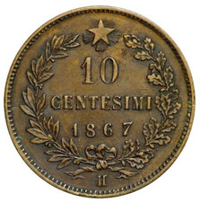 Italia 10 centesimi 1867 H Birmingham Regno Vittorio Emanuele II Ottima