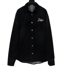 Dior Button Down Embroidered Logo Shirt Size IT 39 Velour Denim Midnight Blue