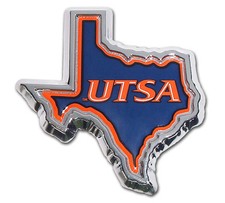 utsa texas san antonio roadrunners state shape logo chrome auto emblem usa made